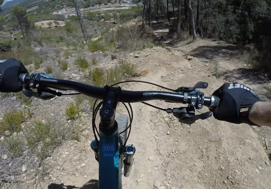 MTB Bike Station - Downhill Enduro - Santa Ponca Ansicht vom Fahrradlenker auf einem unbefestigten Trail im Wald.